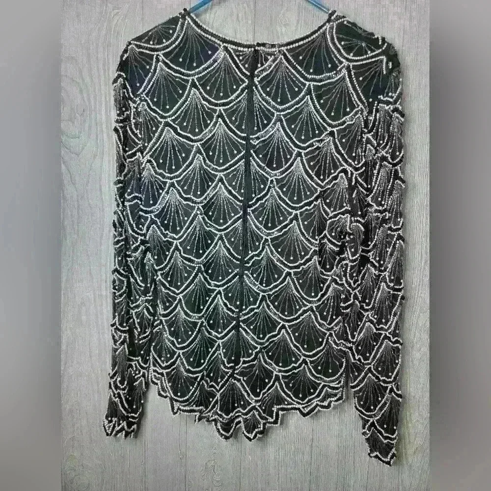 Laurence Kagar Black Color Silk Sequin Beaded Pearl Blouse.SIZE L - Picture 4 of 7